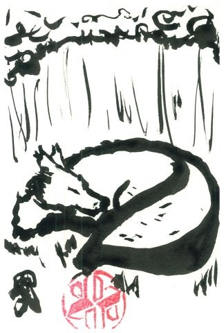 Fox asleep in the forest (ink)
